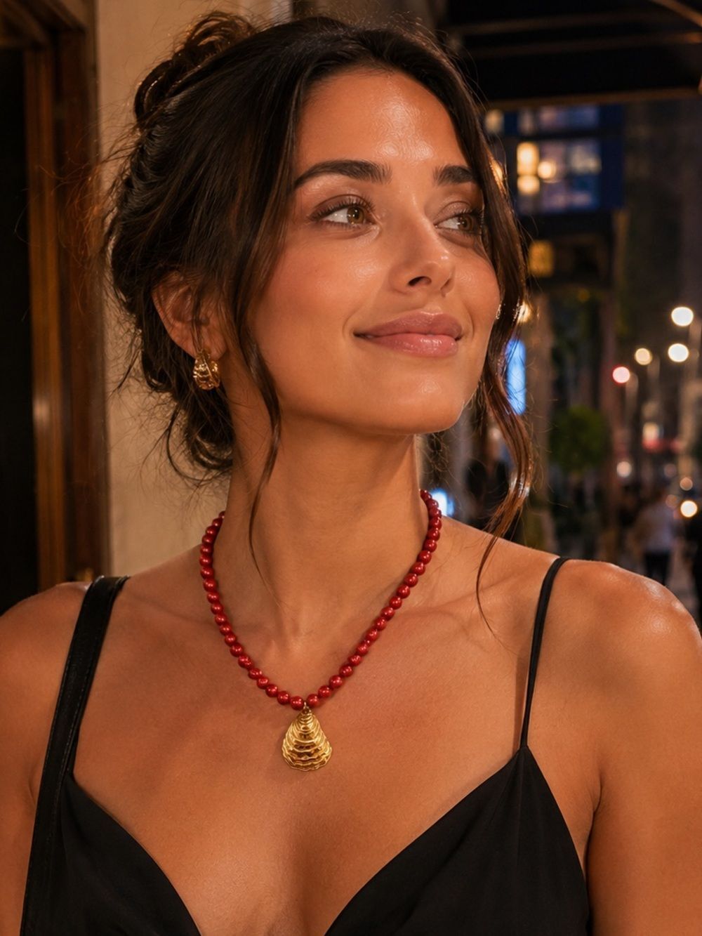Gold Shell Pendant Red Beaded Necklace - Women Jewelry